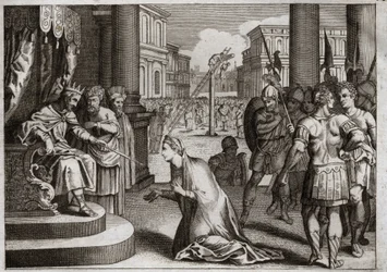 Bibel von Royaumont, Altes Testament: Bestrafung von Aman. Assuerus I (Xerxes I) hängt Aman (Haman) an den Galgen, den er für Mardochee (oder Mordechai) vorbereitet hatte, und widerruft das Todesurteil, das er in seinem ganzen Königreich veröffentlicht hat