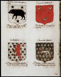 Wappen der Ritter der Tafelrunde: 1. Brallain, der Ritter mit zwei Schwüngen, 2. Der Ritter von Norgales, 3. Gallehault, 4. Der Liebhaber von Lystenois. sd. 19. Jahrhundert