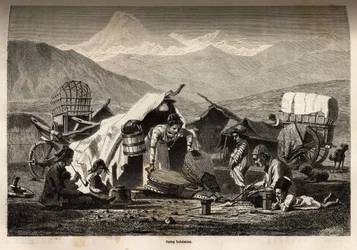 Böhmisches Lager. Gravur zur Illustration der Reise in die Provinzen des Kaukasus, von Basile Vereschaguine, 1864-1865, veröffentlicht in „Le tour du monde, nouveau journal des voyages“, herausgegeben von Edouard Charton