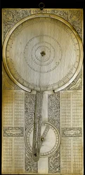 Messinginstrument bekannt als „Jovilabe“ (Jovilabium), entworfen nach Studien über die Jupitersatellitenperioden von Astronom Galileo Galilei (1564-1642) um 1610. 1650-1700 Florenz, Istituto e Museo di Storia delle Scienze