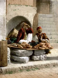 Brotverkäufer in Jerusalem. Photochrom zwischen 1890-1900.
