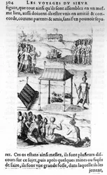 Kanada: Eingeborene - in „Les voyages de la Nouvelle France Occidental, Dicte Canada, gemacht von St Champlain Xaintongeois... von 1603 bis 1629... Samuel Champlain (1570-1635), ed. Pierre Le Mur, Paris