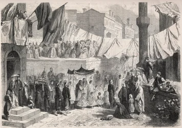 Katholische Prozession in den Straßen von Konstantinopel anlässlich des Fronleichnamsfestes - Gravur in „The Illustrous World“