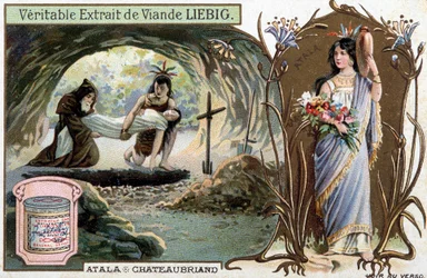 Chactas und Pater Aubry begraben Atala und Porträt der Heldin - Szene aus Atala oder Die Liebe zweier Wilden in der Wüste, von François René de Chateaubriand (1768-1848) - Liebig Chromolithographie