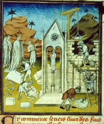 Karl der Große besucht die Baustelle einer Kathedrale - Buchmalerei auf Pergament aus dem Mittelalter „Große Chroniken von Saint-Denis“ Ende des 14. Jahrhunderts (ref. 512, 096r) Genehmigung der Stadtbibliothek von Toulouse anfordern (tel: 05 62