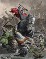 Karl Martell (690-741) führt die Franken in Tours (Frankreich) in die Schlacht gegen die arabische Invasion, 732 (Schlacht von Poitiers) - kolorierter Stich aus dem 19. Jahrhundert