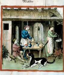 Käseherstellung. Illumination aus der Milchwirtschaft und Diätetik „Tacuinum sanitatis“