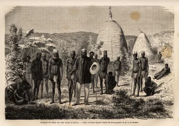 Häuptling Mango, dessen Kone-Stamm durch aufeinanderfolgende Angriffe der Bergstämme geschwächt wurde, fand Zuflucht in Gatope, an der Küste bei einem freundlichen Volk unter der Führung von Häuptling Kahoua (mit Hut und Regenschirm). Illustration der Reis