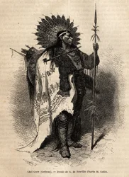 Häuptling Gelber Mokassin, vom Stamm der Crow-Indianer, lebt am Lewis River. Gravur zur Illustration eines Ausflugs unter die Indianerstämme der Becken von Kolumbien und Oberen Missouri, von G. Catlin, 1855, veröffentlicht in „Le tour du monde“