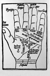 Chiromantie und wahrsagerische Vorhersage: Darstellung der verschiedenen Linien der Hand, die die Interpretation der Persönlichkeit ermöglichen. Gravur aus „Physiognomonia“ von Barthelemy Cocles, 1533