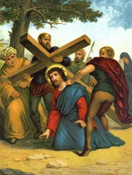 Chromolithographie des späten 19. Jahrhunderts, die das Leben Christi darstellt: Jesus fällt zum ersten Mal unter dem Kreuz