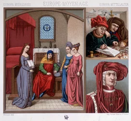 Zivile Kostüme im Mittelalter im 15. Jahrhundert. Oben rechts: Geldwechsler in Antwerpen. Unten rechts: Porträt von Maximilian von Österreich (1459-1519) nach Quentin Metzys. In „Le costume historique“ von A. Raquet