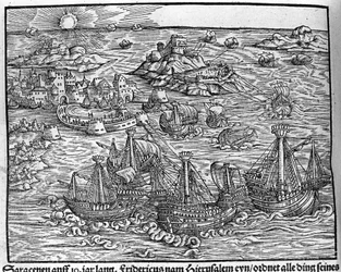 Kämpfe zwischen Sarazenen. Gravur von Johann Stumpff "Den edlen struen belten fromen"