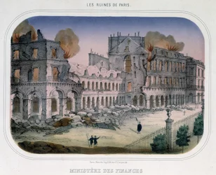 Kommune von Paris: Brand im Finanzministerium (zur Zeit der Tuilerien) am 24. Mai 1871. Gravur des 19. Jahrhunderts