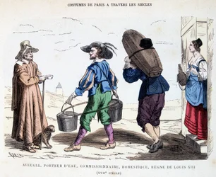 Kostüm eines Blinden, eines Wasserträgers, eines Kommissionärs, eines Dieners im 17. Jahrhundert während der Herrschaft von Ludwig XIII. In Kostüme von Paris durch die Jahrhunderte.