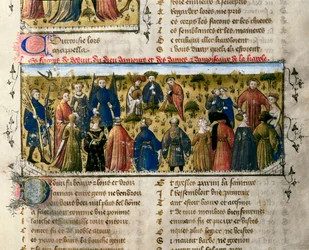 Hofunterhaltungen: Tänze und Spiele. Die Szene spielt in Anwesenheit der Götter der Liebe, Schönheit, Lieferung, Franchise, Höflichkeit und Jugend. Miniatur aus "Der Roman der Rose". 14. Jahrhundert Valencia. Universitätsbibliothek.