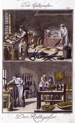 Handwerk: Kupferschmied und Kesselschmied in ihren Werkstätten. In „Umfassende Beschreibung der Künste und Handwerke und Werkstätten für junge Leute“ von Johan Peter Vue. Ed. Nürnberg, Weigel und Schneider