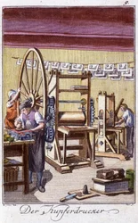 Handwerk: der Kupferstecher in seiner Werkstatt. In „Umfassende Beschreibung der Künste und Handwerke und Werkstätten für junge Leute“ von Johan Peter Vire. Hrsg. Nürnberg, Weigel und Schneider