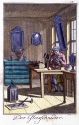Handwerk: der Kristallmacher in seiner Werkstatt. In „Umfassende Beschreibung der Künste und Handwerke und Werkstätten für junge Leute“ von Johan Peter Vue. Ed. Nürnberg, Weigel und Schneider