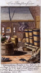 Handwerk: der Saliner, der Pottasche in seiner Werkstatt bearbeitet. In „Umfassende Beschreibung der Künste und Handwerke und Werkstätten für junge Leute“ von Johan Peter Vue. Hrsg. Nürnberg, Weigel und Schneider