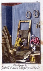 Handwerk: Siebmacher in ihrer Werkstatt. In „Umfassende Beschreibung der Künste und Handwerke und Werkstätten für junge Leute“ von Johan Peter Vue. Hrsg. Nürnberg, Weigel und Schneider