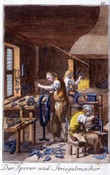 Handwerk: der Sporenmacher, der Hersteller von Schrumpfpinseln in ihrer Werkstatt. In „Umfassende Beschreibung der Künste und Handwerke und Werkstätten für junge Leute“ von Johan Peter Vire. Ed. Nürnberg, Weigel und Schneider