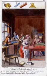 Handwerk: der Schreibmaschinenhersteller in seiner Werkstatt. In „Umfassende Beschreibung der Künste und Handwerke und Werkstätten für junge Leute“ von Johan Peter Vue. Ed. Nürnberg, Weigel und Schneider