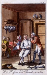 Handwerk: Friseur und Perückenmacher in ihrer Werkstatt. In „Umfassende Beschreibung der Künste und Handwerke und Werkstätten für junge Leute“ von Johan Peter Vue. Hrsg. Nürnberg, Weigel und Schneider