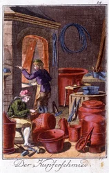 Handwerk: der Kesselschmied in seiner Werkstatt. In „Umfassende Beschreibung der Künste und Handwerke und Werkstätten für junge Leute“ von Johan Peter Vue. Ed. Nürnberg, Weigel und Schneider