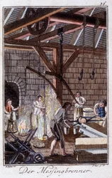 Handwerk: der Messingwarenhersteller in seiner Werkstatt. In „Umfassende Beschreibung der Künste und Handwerke und Werkstätten für junge Leute“ von Johan Peter Vue. Ed. Nürnberg, Weigel und Schneider