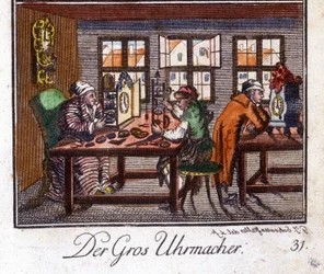Handwerk: der Uhrmacher in seiner Werkstatt. In „Umfassende Beschreibung der Künste und Handwerke und Werkstätten für junge Leute“ von Johan Peter Vue. Hrsg. Nürnberg, Weigel und Schneider
