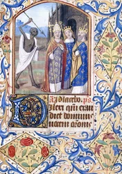 Der Tod mit seinem Speer, der auf drei Figuren zeigt, ein Papst, ein König, ein König und eine Königin, vor einer gotischen Kirche, ca. 1470