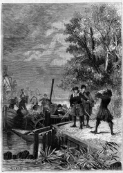 Denis Papin (1647-1712), Physiker, Mathematiker und französischer Erfinder, betrachtet sein Boot, das mit seiner neuen Erfindung, einem noch unbekannten Dampfsystem, ausgestattet ist, das von Bootsmännern zerstört wurde, um einige Teile zu verkaufen. Gravu