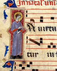 Detail einer illuminierten Seite eines Chorals, der einen Heiligen darstellt