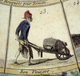 Detail des Spiels der Pariser Gans: Essigverkäufer (Gravur, 18. Jahrhundert)
