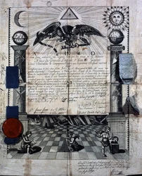 Diplom von Isaac Huit als Gefährte und Meister in der königlichen Maurerkunst, verliehen 1789 von der Großloge von St-Jean in Genf