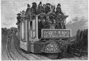 Dreirädriges mechanisches Auto von Dr. Church, gebaut in Birmingham im Jahr 1833. Italienische Gravur des 19. Jahrhunderts.