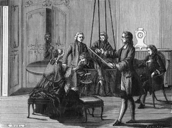 Dufay-Experiment. Charles François Du Fay (1698 - 1739), französischer Chemiker und Physiker. Gravur aus dem Wissenschaftsalbum, Frankreich, 19. Jahrhundert.