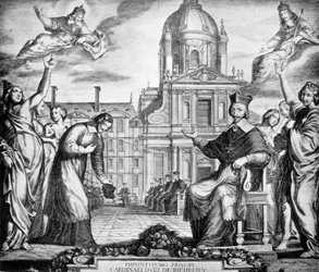 Gravur zu Ehren von Kardinal Richelieu für die Wiederherstellung der Sorbonne in Paris, beauftragt von Lemercier, abgeschlossen 1642.