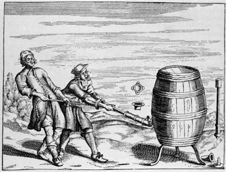 Experiment durchgeführt vom deutschen Wissenschaftler Otto von Guericke zur Berechnung des atmosphärischen Drucks. Tafel aus „Ottonis de Guericke: Experimenta Nova Magdeburgica de vacuo spatio“ von Otto von Guericke