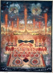 Feuerwerk und Illuminationen am 16. Juni 1744 in Moskau (Russland). Mitte des 18. Jahrhunderts. Rokokokunst. Staatliches Historisches Museum, Moskau.
