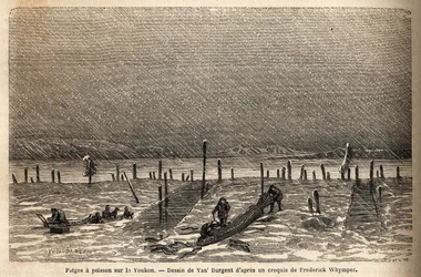 Fischfallen, aufgestellt an den Ufern des Yukon-Flusses (extremes Nordkanada). Gravur zur Illustration der Reise und Abenteuer in Britisch-Kolumbien, Vancouver Island und Alaska, von Frederick Whymper