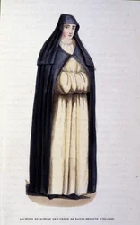 Ehemalige Nonne des Ordens der Heiligen Brigitte von Irland. Gravur aus einem Album über religiöse Orden, Paris