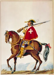 Französische Armee: De Valmont, Musketier der Garde von Kardinal Richelieu. Gravur des 17. Jahrhunderts
