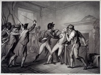 Französische Revolution: Verhaftung von Robespierre am 27. Juli 1794 (9. Thermidor Jahr II). Gravur des 18. Jahrhunderts. Paris, Musée Carnavalet