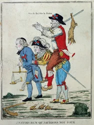 Französische Revolution: „Ich wusste, dass wir an der Reihe sein würden“. Karikatur, die den Dritten Stand auf dem Rücken der beiden Stände (Klerus und Adel) darstellt. Gravur des 18. Jahrhunderts. Paris, Musée Carnavalet