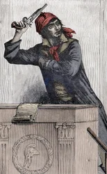 Französische Revolution: Porträt von Jean Paul Marat (1743-1793), Montagnard-Abgeordneter bei der Konvention, mit einer Pistole am Rednerpult