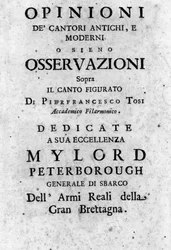 Frontispiz von „Opinioni dei cantori antichi e moderni ossiano osservazioni sopra il canto figurato“ von Pier Francesco Tosi (1653 - 1732), italienischer Kastrat, Komponist und Theoretiker. 1723