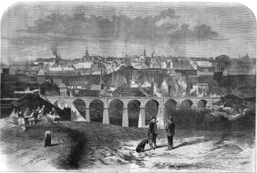 Gesamtansicht der Stadt Luxemburg. Gravur in „The Illustrous Universe“.
