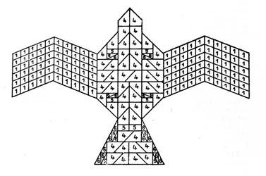 Geometrie der Sulbasutras: Plan des Feueraltars in Form eines Falken. Mathematisches Schema, das sich auf die Bauvorschriften für Opferaltäre aus der vedischen Zeit Indiens (1500-500 v. Chr.) bezieht. Journal of the Asiatic Society of Bengal